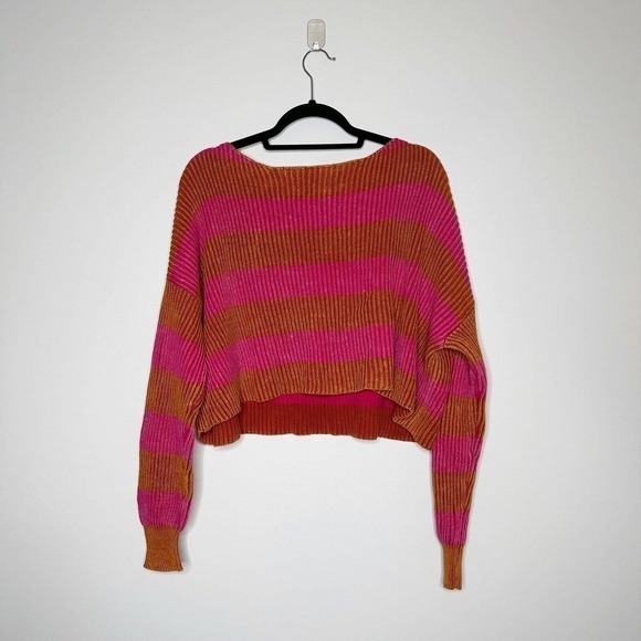 Free People Just My Stripe Sweater Pink Orange Round Neck Cotton Women Sz Small - Picture 4 of 6